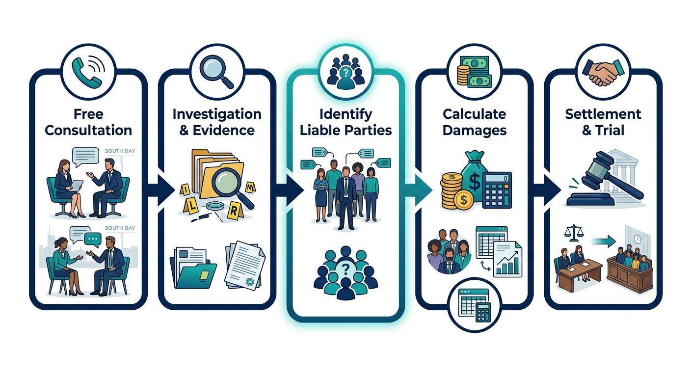 A five-step horizontal process flow diagram for the Kirtland & Packard wrongful death legal services in Redondo Beach: free consultation, investigation and evidence gathering, identifying liable parties, calculating damages, and settlement negotiations with trial preparation.