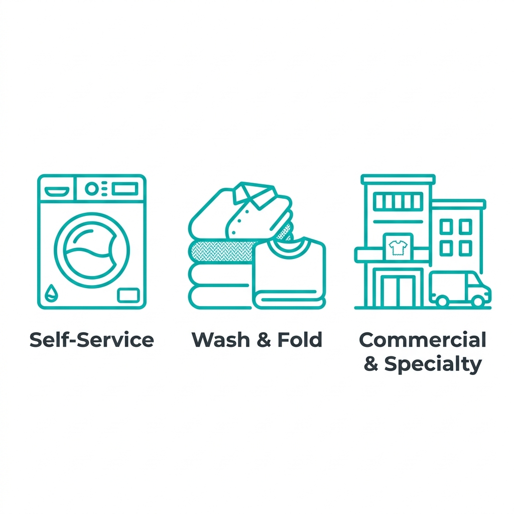 Three outlined icons in a row showing self-service washing machine, wash and fold folded laundry, and commercial building for Laundry Time services