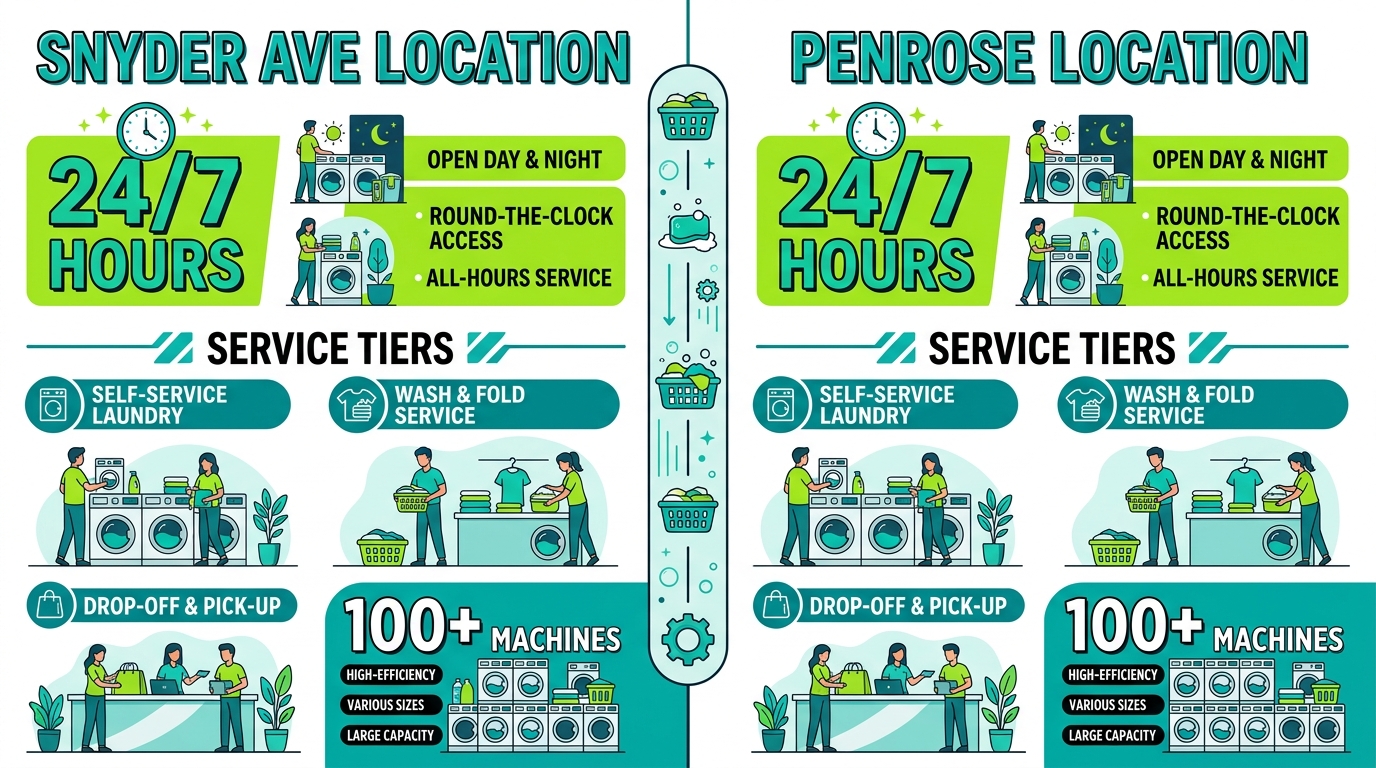 Split infographic comparing Laundry Time locations in Jersey City with Snyder Ave and Penrose addresses, 24/7 hours, service tiers, and amenities