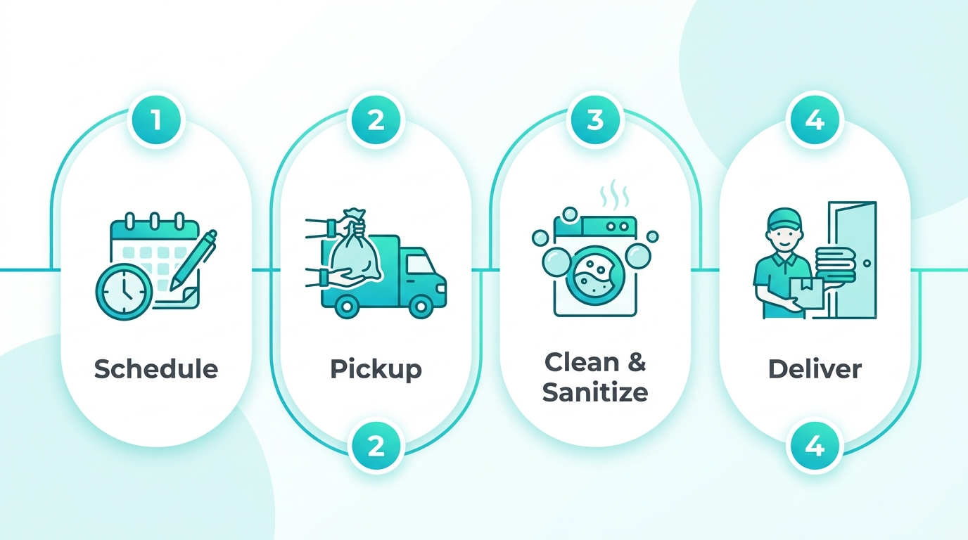 Horizontal 4-step process showing pickup and delivery laundry service: Schedule, Pickup, Clean & Sanitize, and Deliver with arrows connecting each step