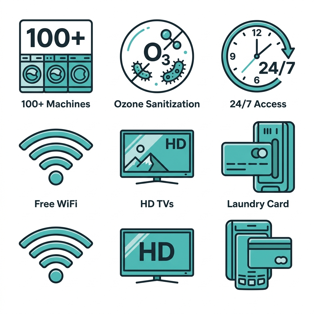 Grid of 6 laundromat amenity icons: 100+ machines, ozone sanitization, 24/7 access, free WiFi, HD TVs, and laundry card