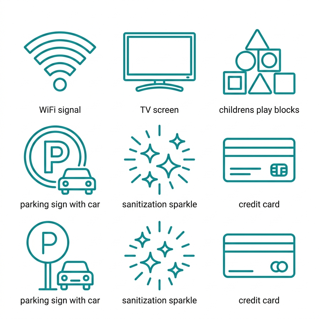 Six icons showing laundromat amenities: WiFi, TV, play area, parking, sanitization, and credit card payment