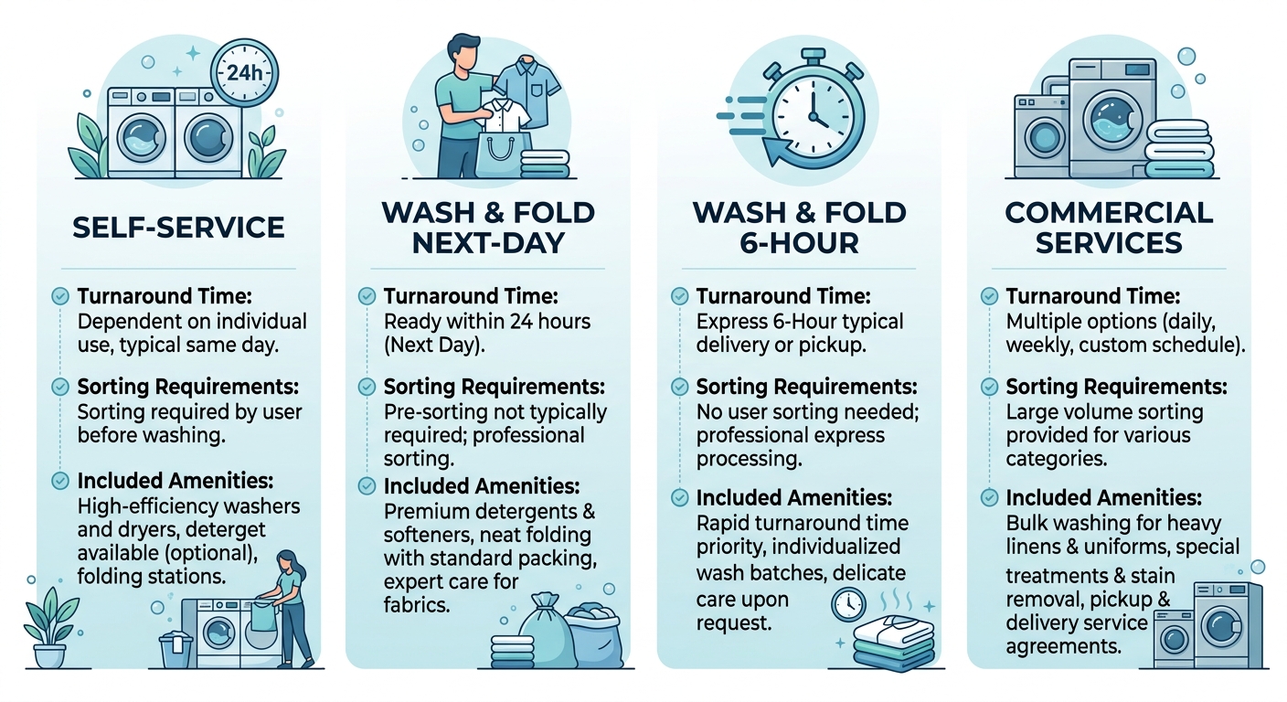 Infographic comparing four laundry service options at Laundry Time: self-service, wash and fold next-day, wash and fold six-hour, and commercial services