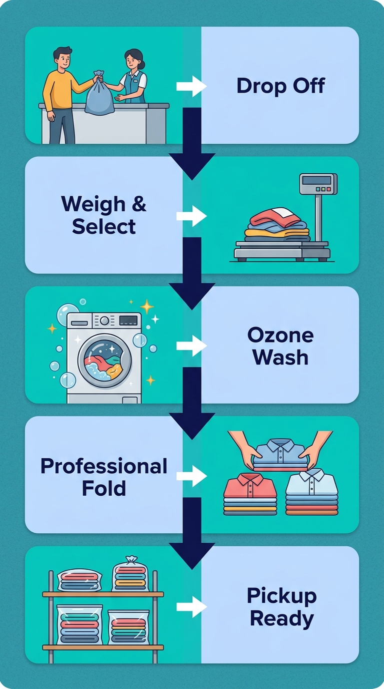 Five-step vertical process flow for Laundry Time’s Wash & Fold service: drop off, weigh and select turnaround, ozone sanitization wash, professional folding, and pickup ready.