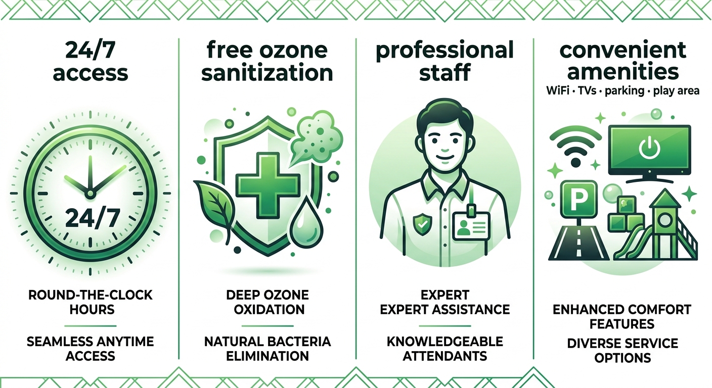 Four-panel infographic showing Laundry Time Jersey City benefits: 24/7 access, free ozone sanitization, professional staff, and convenient amenities.