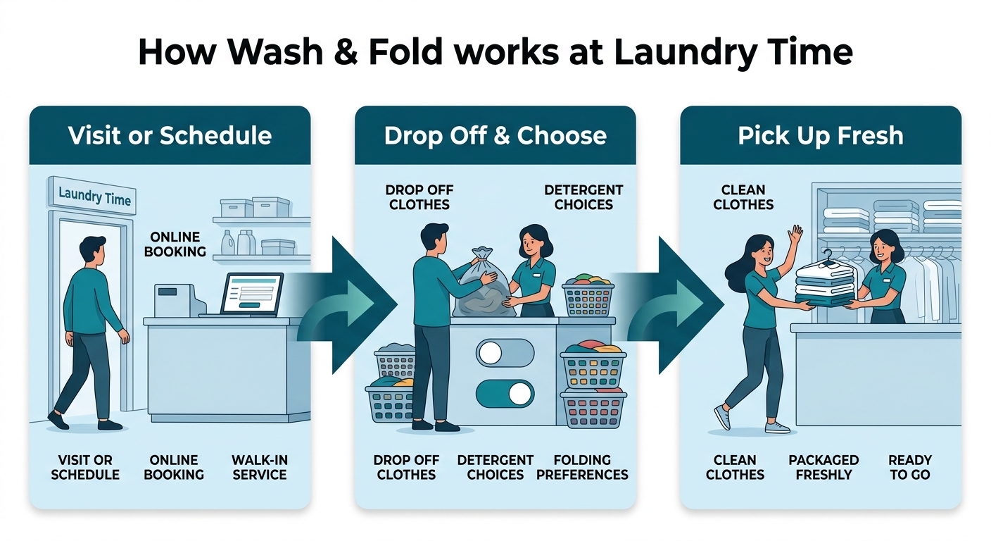 Three-step process for Laundry Time Wash and Fold service: visit location or schedule pickup, drop off laundry and choose preferences, pick up fresh sanitized laundry.