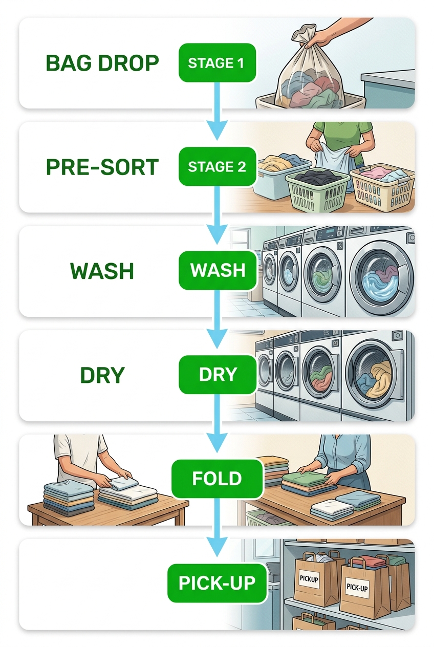 Process flow diagram of Wash & Fold laundry service showing 6 sequential steps from bag drop to pickup with icon illustrations