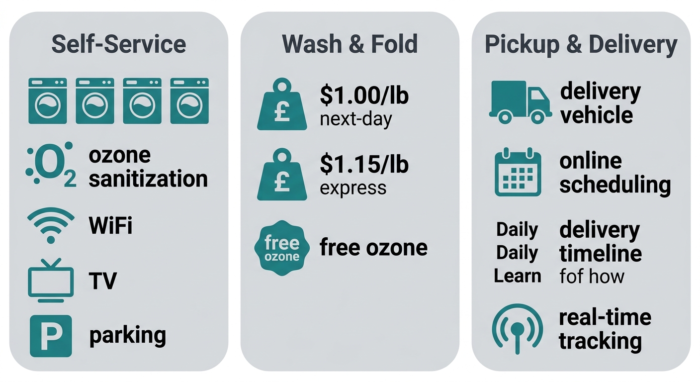 Infographic comparing three laundry service types at Laundry Time in Jersey City: Self-Service with machine icons, Wash & Fold with per-pound pricing, and Pickup & Delivery with tracking icons, teal and gray color scheme, no title text.