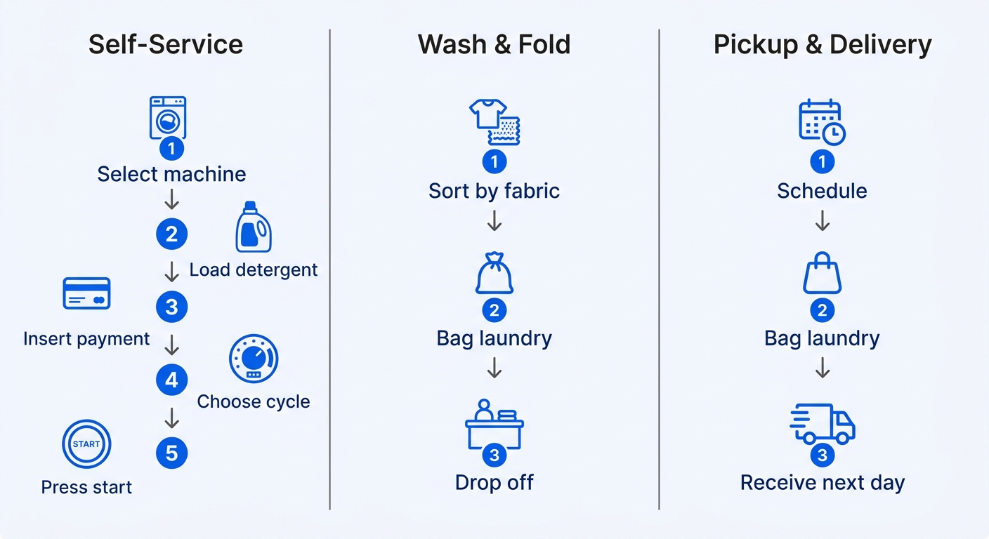Three-column process flow showing Self-Service, Wash & Fold, and Pickup & Delivery steps for Laundry Time laundromat
