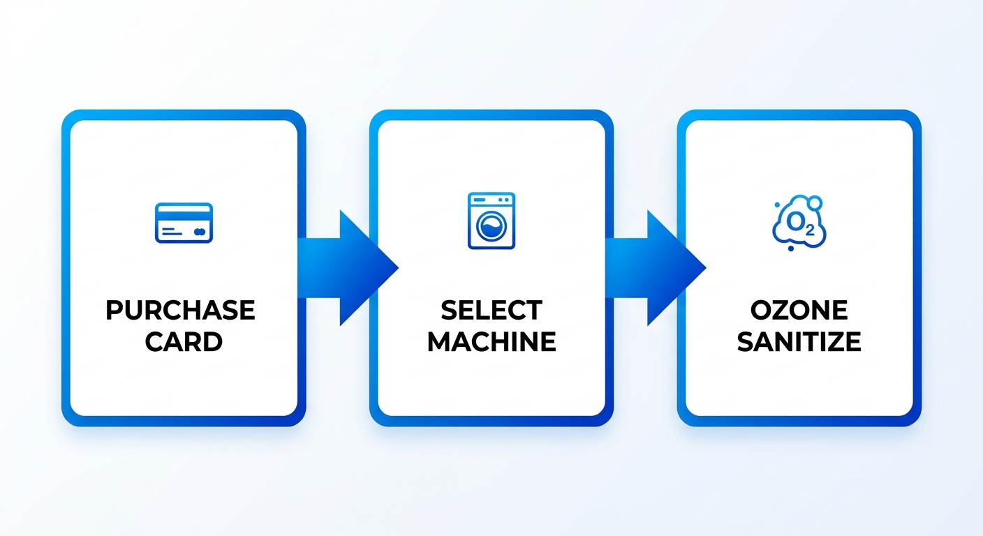 Horizontal three-step process flow for Laundry Time Olney new customer onboarding showing purchasing a laundry card, selecting a machine size, and adding ozone sanitization.