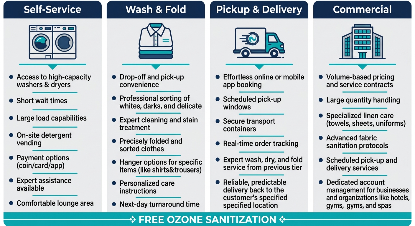Infographic showing four laundry service tiers: Self-Service, Wash and Fold, Pickup and Delivery, and Commercial with feature lists and free ozone sanitization banner