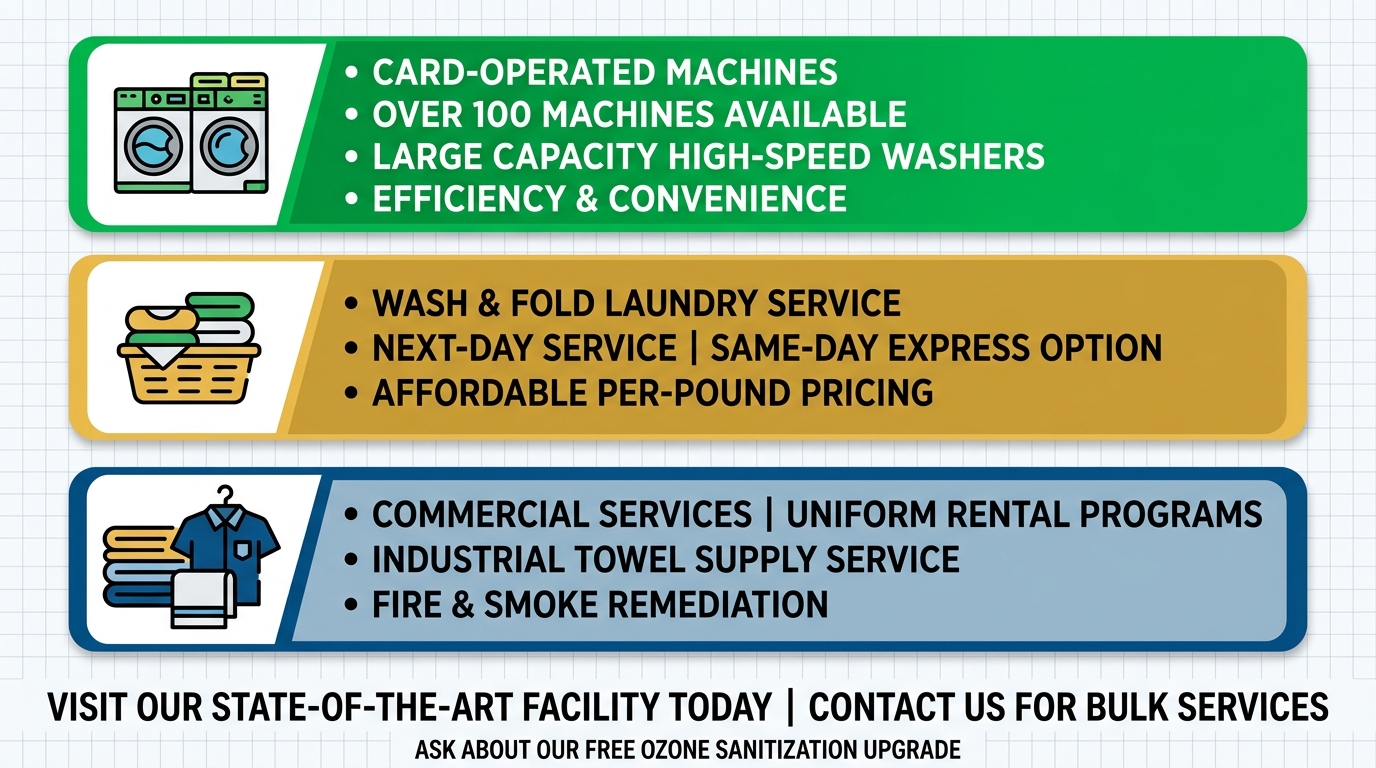 Three horizontal panels showing self-service laundry, wash and fold, and commercial services with icons and bullet points. Grid background with call-to-action banner at bottom.