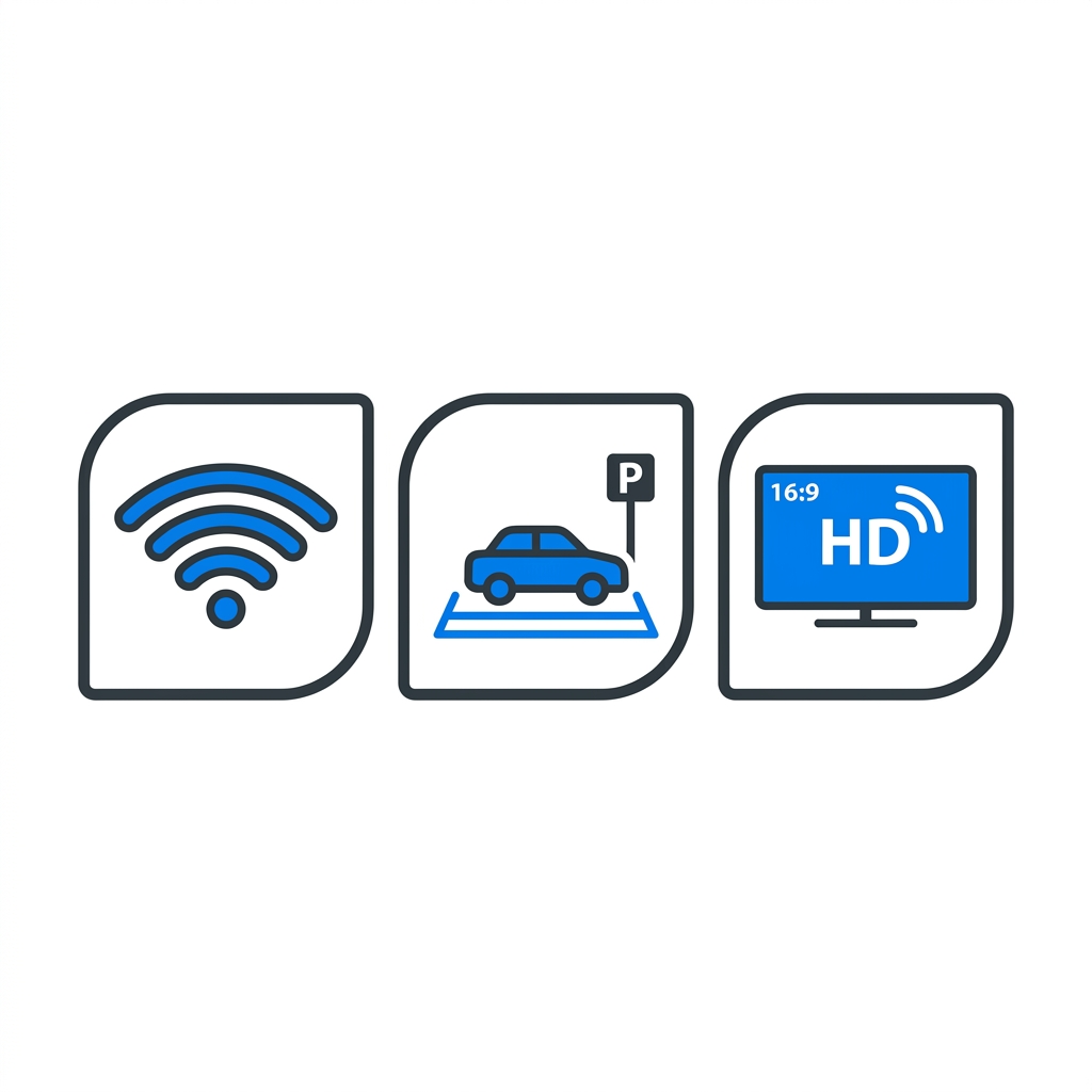 WiFi signal icon, parking lot icon, and TV screen icon arranged horizontally on a white background for Laundry Time free amenities
