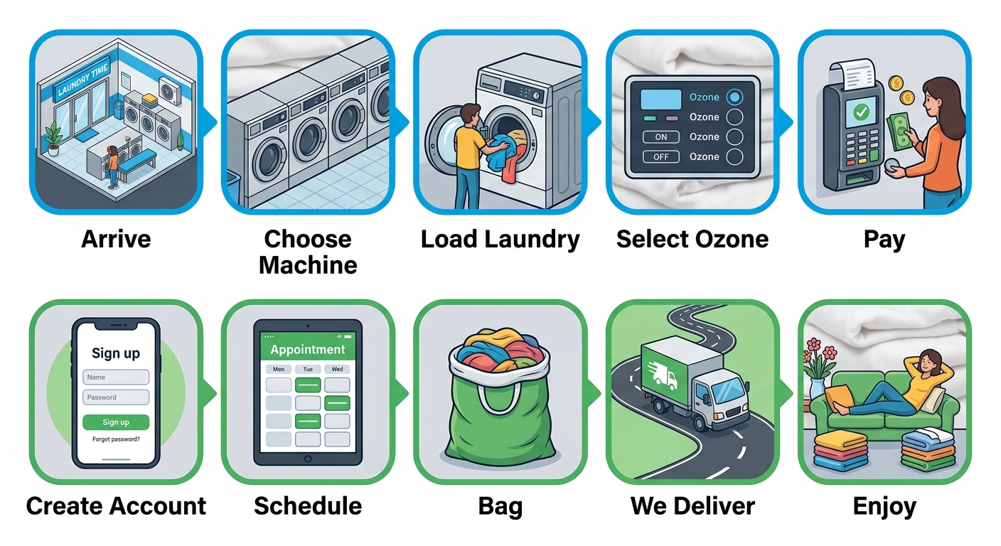 Two-row process diagram showing self-service and professional laundry service steps at Laundry Time