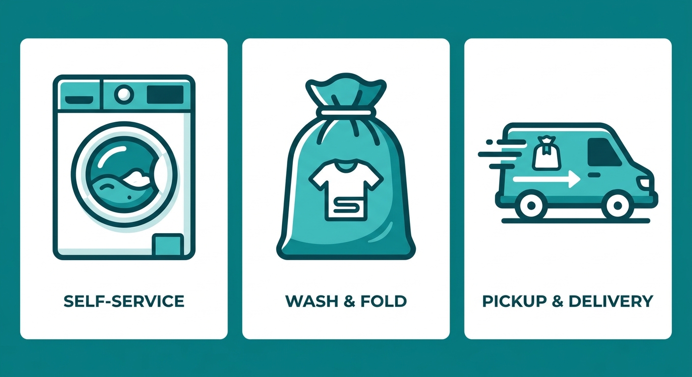 Infographic showing three laundromat service categories: Self-Service with washing machine icon, Wash & Fold with laundry bag icon, and Pickup & Delivery with delivery van icon, using teal and white color scheme.