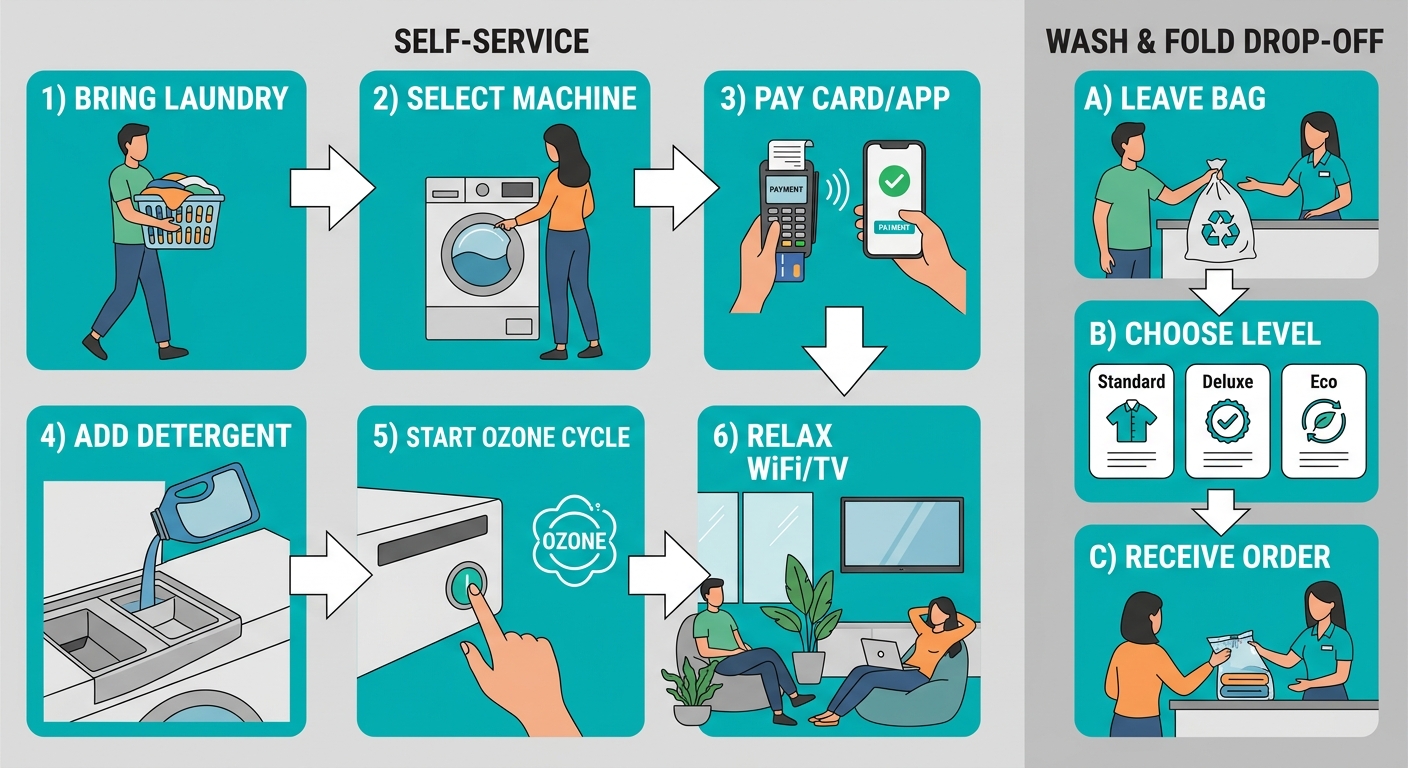 Six self-service laundry steps on left and three wash and fold drop-off steps on right at Laundry Time Snyder Avenue location
