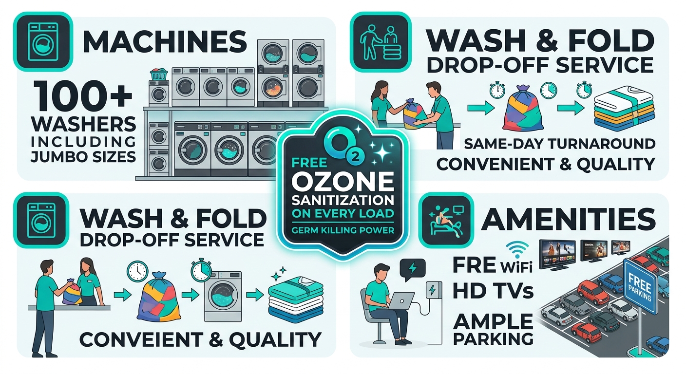 Infographic with three feature blocks showing machines, wash and fold service, and amenities at a mega-laundromat with central badge for free ozone sanitization