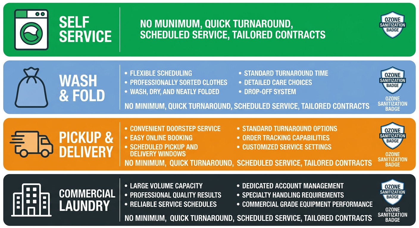Infographic comparing four laundry service tiers: Self-Service, Wash & Fold, Pickup & Delivery, and Commercial, each with distinctive icons and key highlights