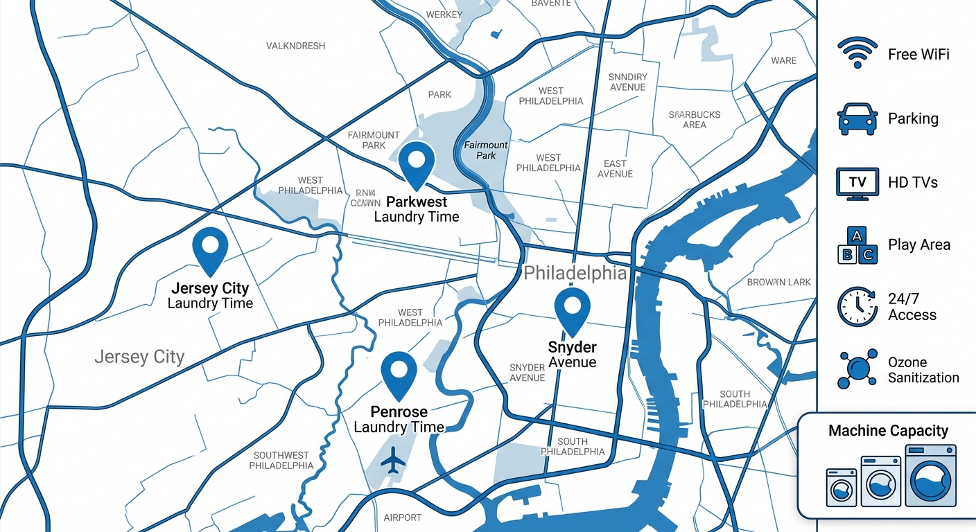 Infographic map of Laundry Time store locations in Philadelphia and Jersey City with amenity icons and high-capacity machine callout
