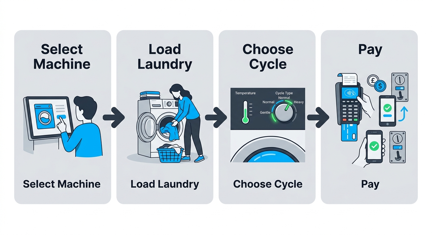 Horizontal process flow showing four steps to use self-service machines at Laundry Time Eastwick: select machine, load laundry, choose cycle, and pay