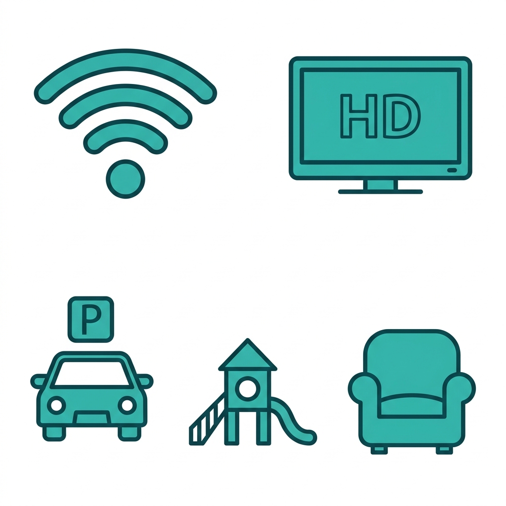 Grid of 5 outline icons representing free amenities at Laundry Time laundromat: WiFi, HD TVs, parking, children's play area, and comfortable seating.