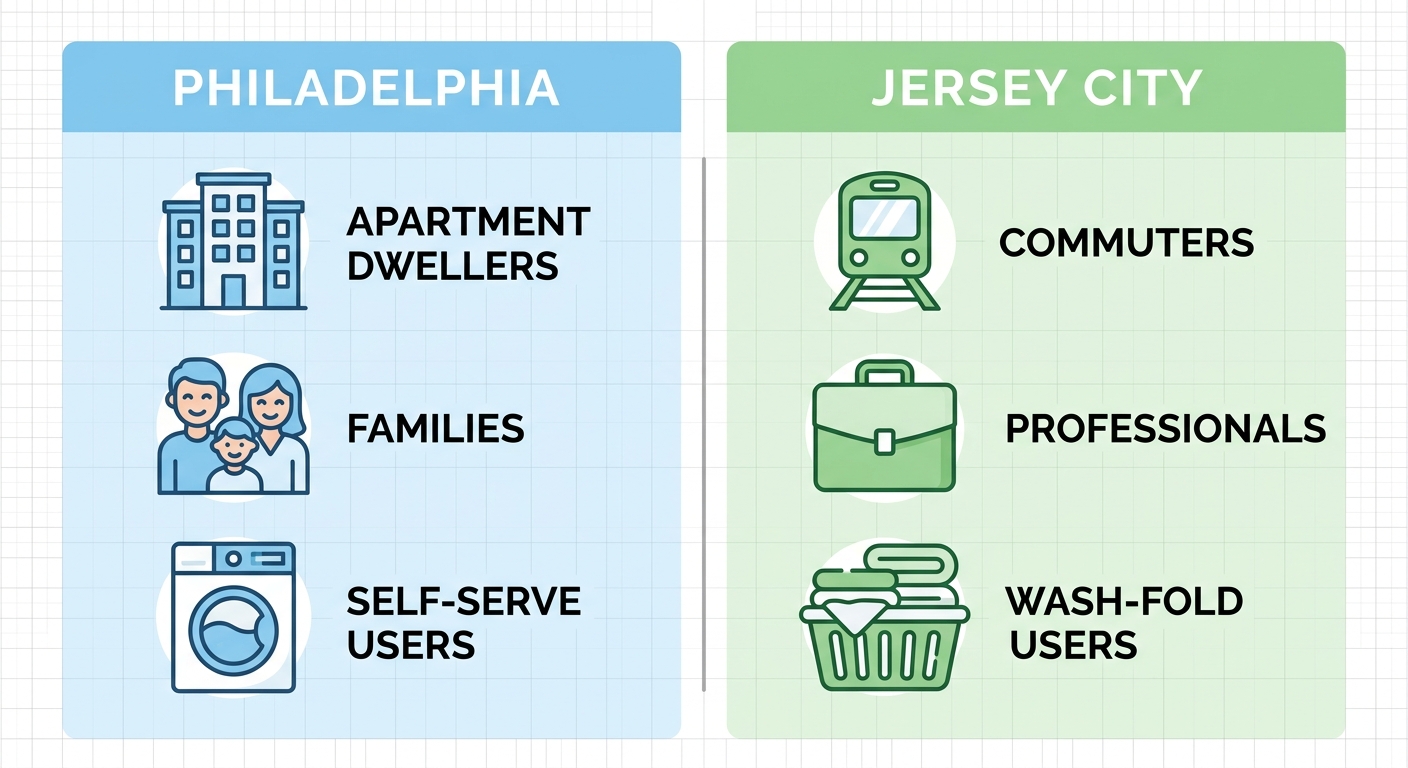 Comparison infographic showing laundry needs in Philadelphia on left in blue tones and Jersey City on right in green tones