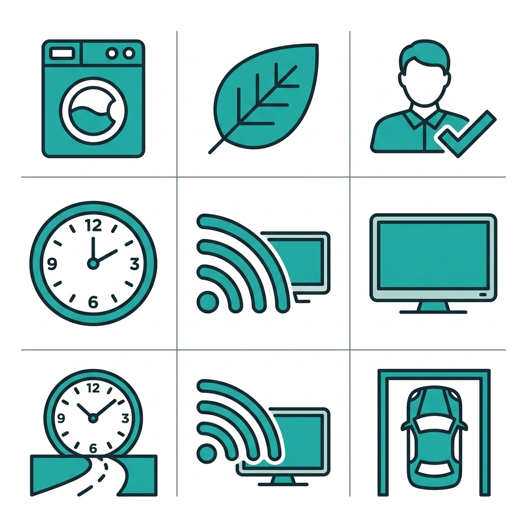 Icon set showing Laundry Time’s key features: over 100 machines, free ozone sanitization, professional staff, 24/7 access, free WiFi and TVs, and ample parking