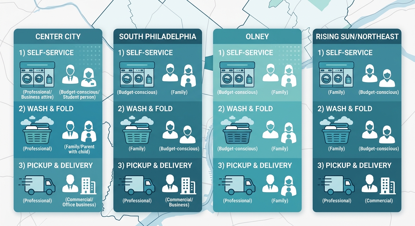 Infographic map of four Philadelphia neighborhoods with service icons and user profiles