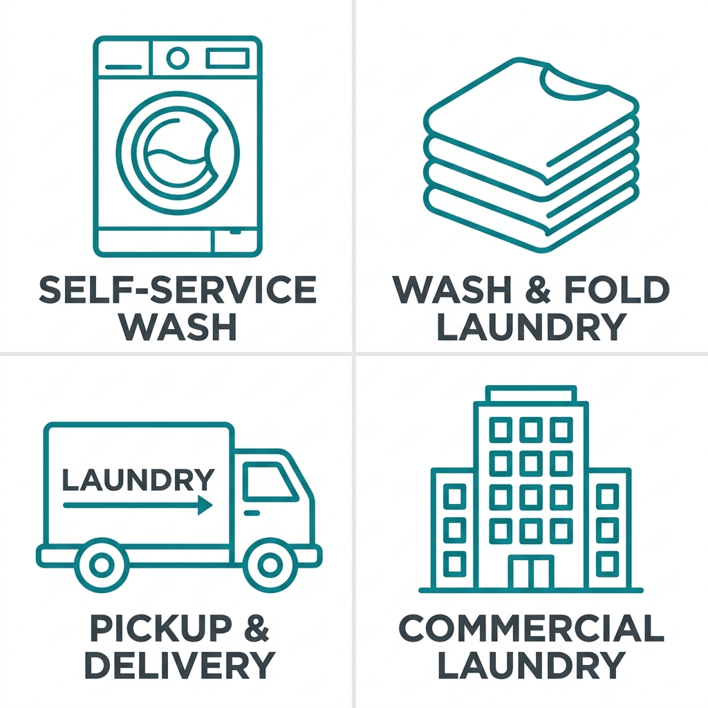 Icon set: washing machine for self-service, folded clothes for wash and fold, delivery truck for pickup and delivery, office building for commercial laundry.