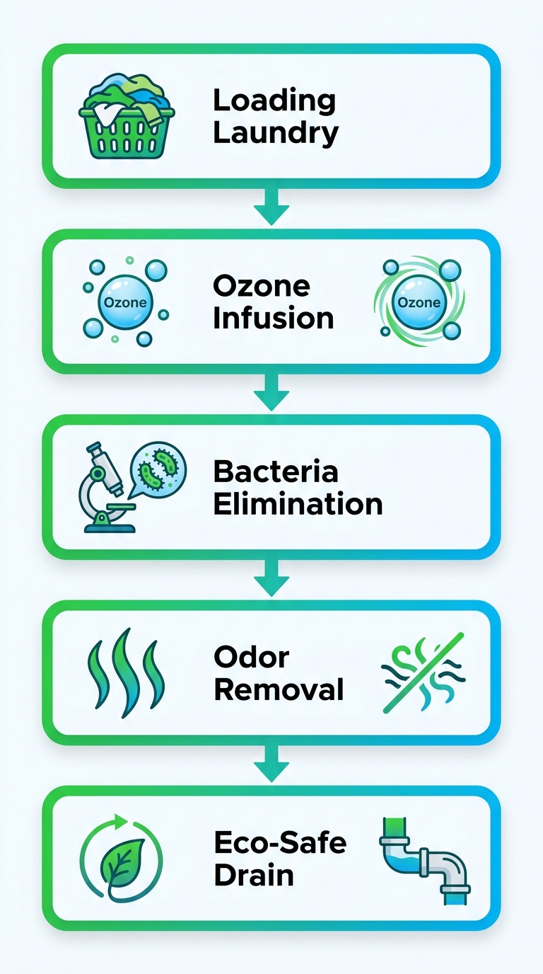 Vertical flow diagram of ozone sanitization process for laundry with 5 stages showing loading, ozone infusion, bacteria elimination, odor removal, and eco-safe drain.