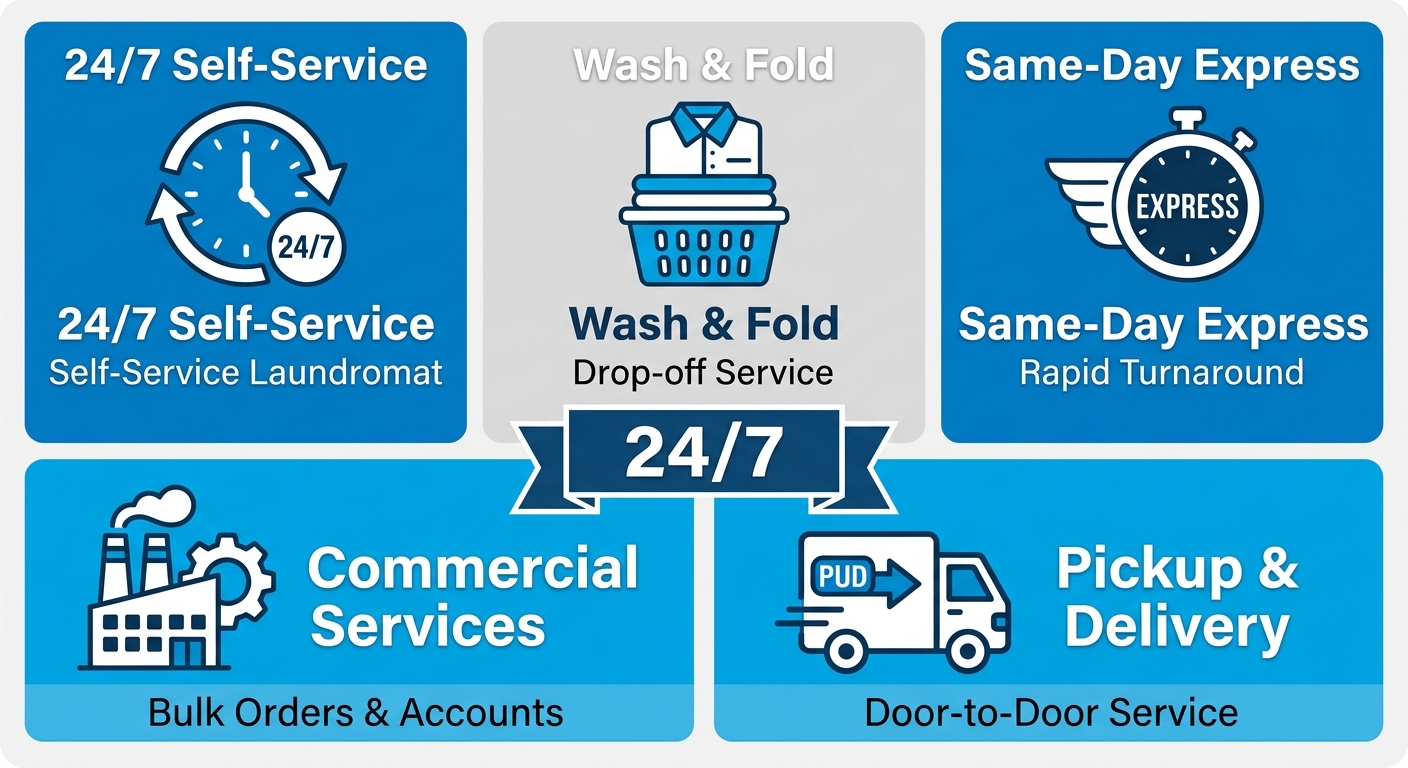 Infographic showing 5 laundry service blocks: Self-Service, Wash & Fold, Same-Day, Commercial, Pickup & Delivery with a central 24/7 banner
