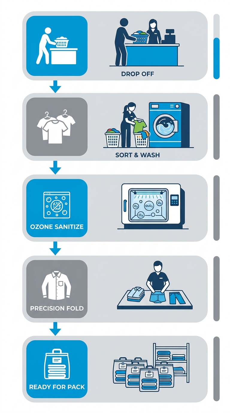 Vertical process flow diagram showing 5 steps of Wash and Fold service: Drop Off, Professional Sorting and Washing, Ozone Sanitization, Precision Folding, Ready for Pickup.