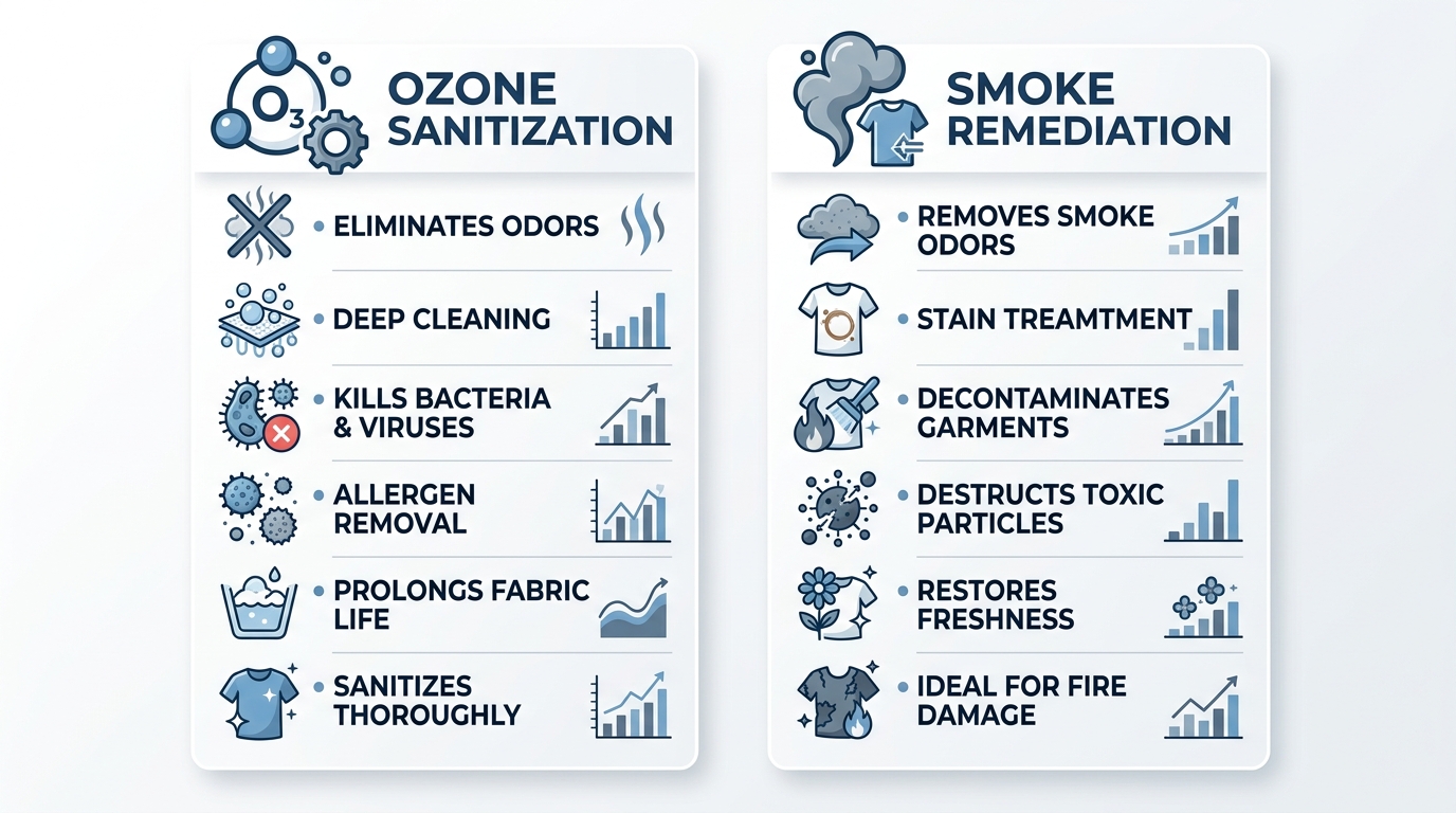 Two-column infographic comparing Ozone Sanitization and Smoke Remediation services with icons