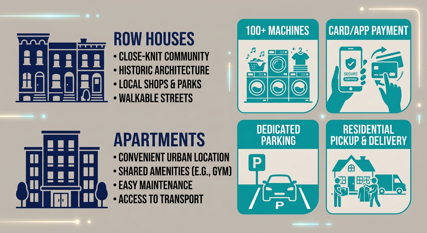 Two-column infographic comparing Lawncrest neighborhood profile with laundry service benefits including 100 machines, parking, card payment, and pickup delivery