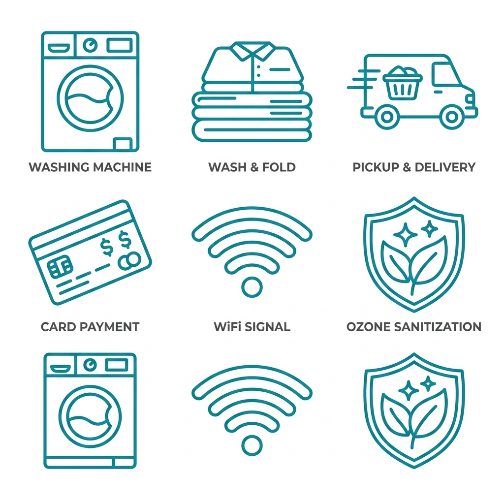 Set of six service icons for Laundry Time: self-service, wash and fold, pickup and delivery, card payment, WiFi, and ozone sanitization on white background
