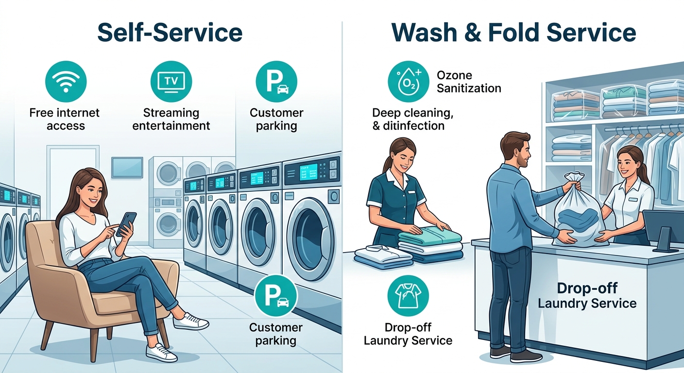 Comparison infographic showing Laundry Time self-service features on left and wash and fold service on right