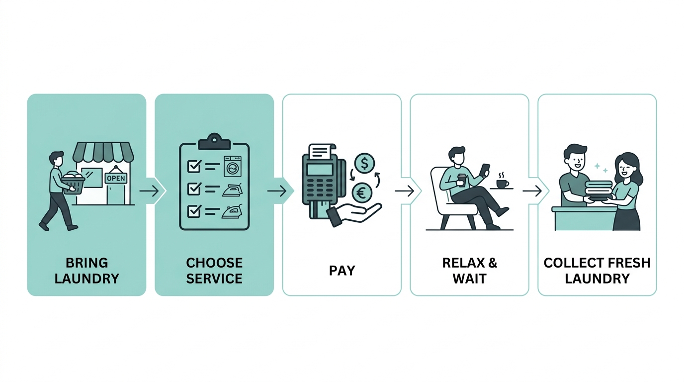 Horizontal process diagram showing 5 steps: Bring Laundry, Choose Service, Pay, Relax and Wait, Collect Fresh Laundry