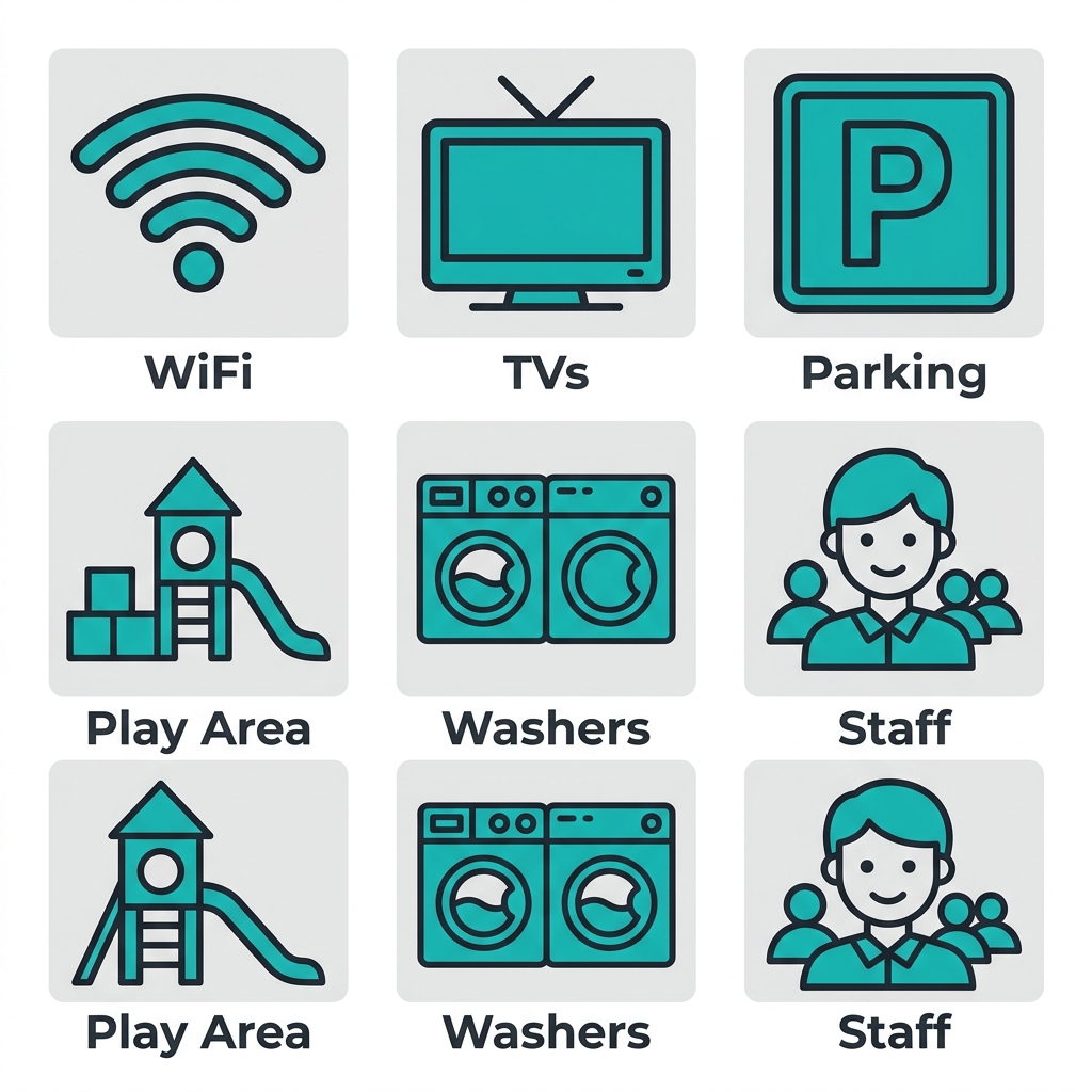 Icon set showing six free laundromat amenities: WiFi, TVs, parking, children's play area, washers and dryers, and on-site staff.