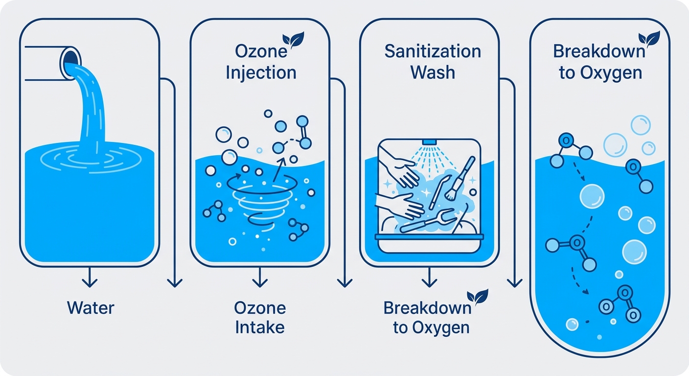 Vertical process flow diagram showing four steps of ozone sanitization in laundry: water intake, ozone injection, sanitization wash, and breakdown to oxygen.