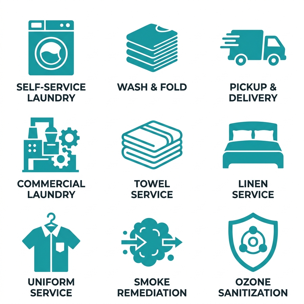 Grid of 9 service icons for laundry, wash and fold, pickup delivery, commercial laundry, towel service, linen service, uniform service, smoke remediation, and ozone sanitization, all in teal on white.