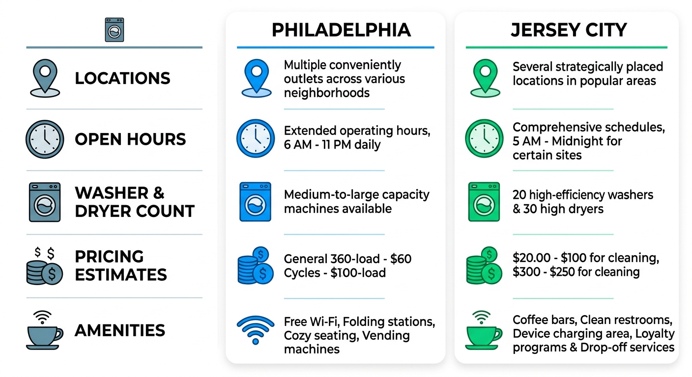 Infographic comparison of Laundry Time locations in Philadelphia and Jersey City showing features like hours, machines, pricing, and amenities.