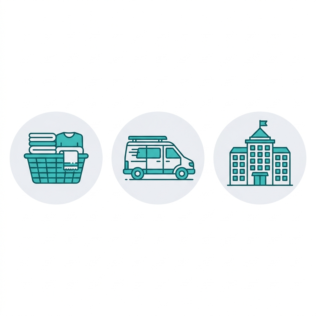 Three service icons showing wash and fold, pickup and delivery, and commercial services in teal outline style