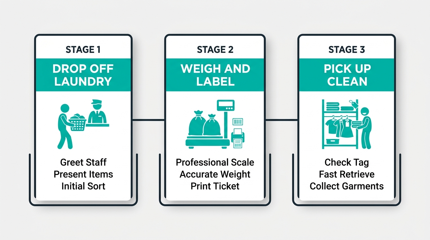 Three-step process showing laundry drop-off, weighing and labeling, and pick-up of clean ozone-sanitized laundry at Laundry Time.