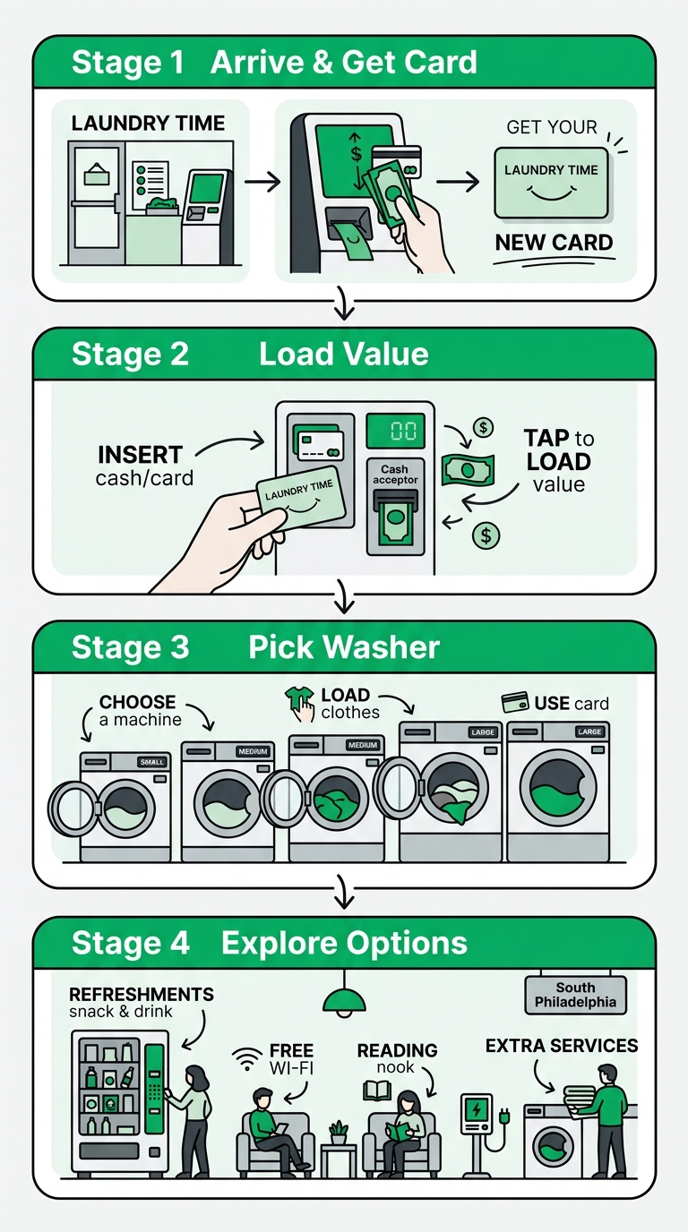 Vertical process flow diagram showing four steps for a first visit to Laundry Time in South Philadelphia: arrive and get a card, load value, pick a washer, and explore options for wash and fold or pickup and delivery.