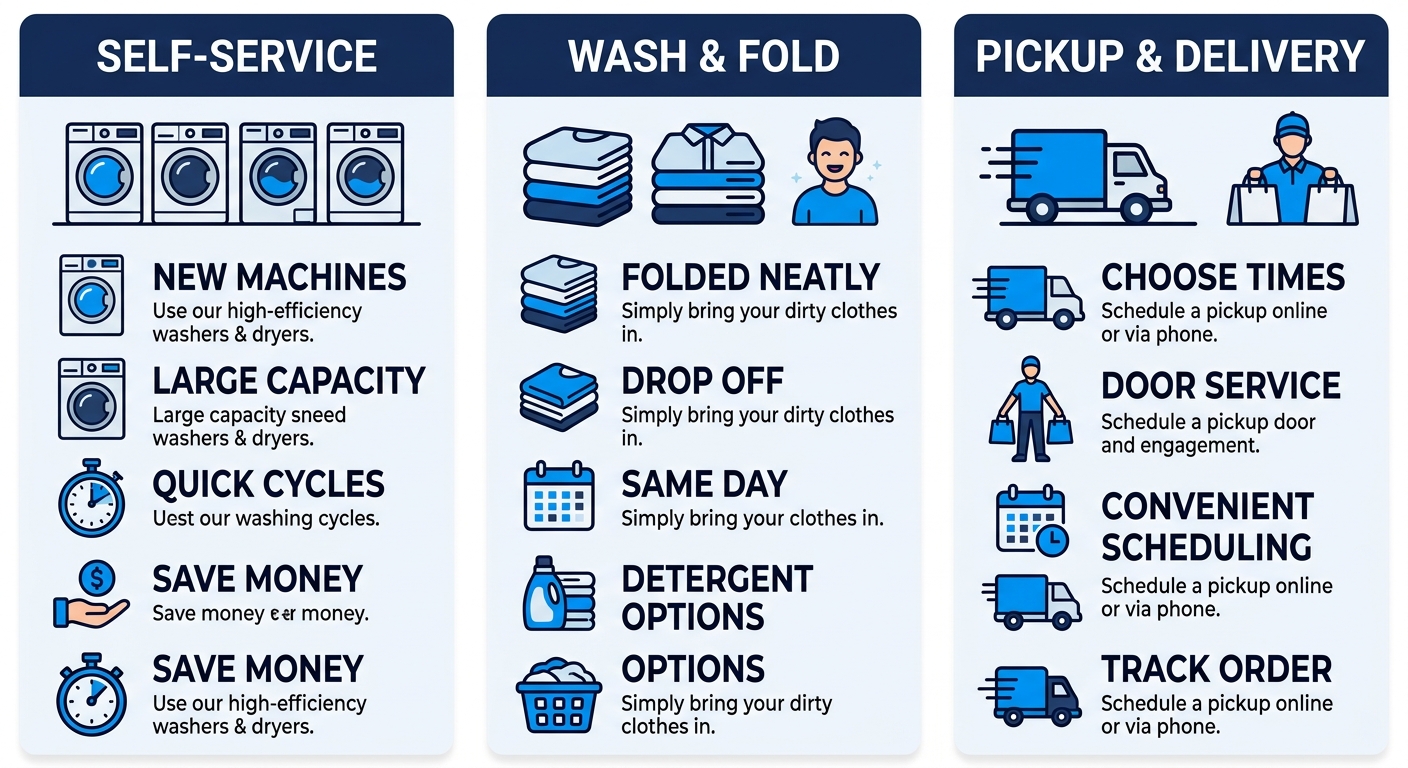 Infographic comparison of three laundry service options in South Philly: Self-Service, Wash & Fold, and Pickup & Delivery