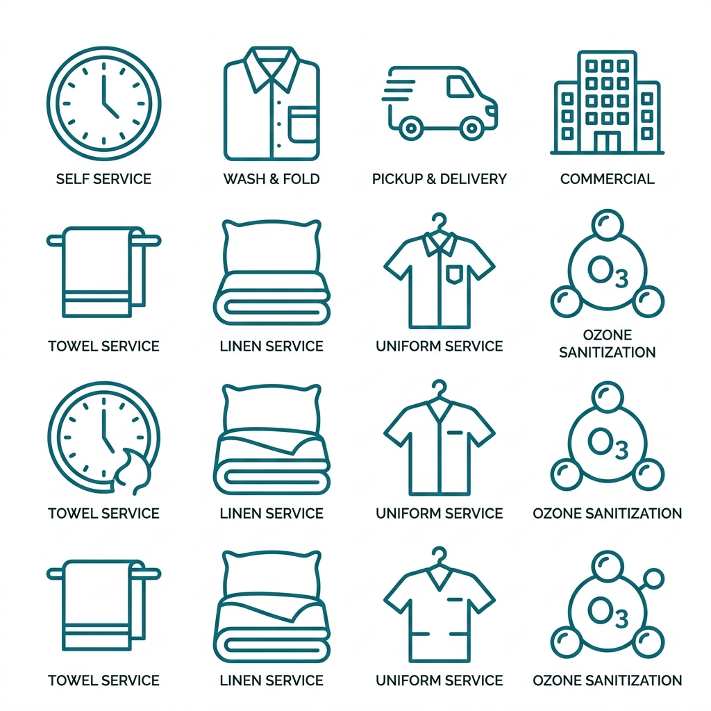 Set of 8 laundry service icons showing self-service clock, wash and fold shirt, pickup delivery van, commercial building, towel, bed sheets, uniform, and ozone molecule in teal outlines on white