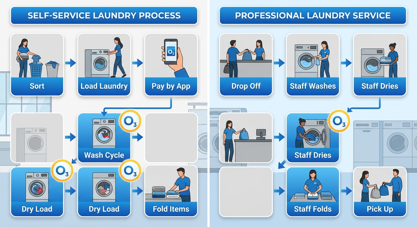 Side-by-side comparison of self-service laundry process and professional wash and fold service process with ozone sanitization highlighted