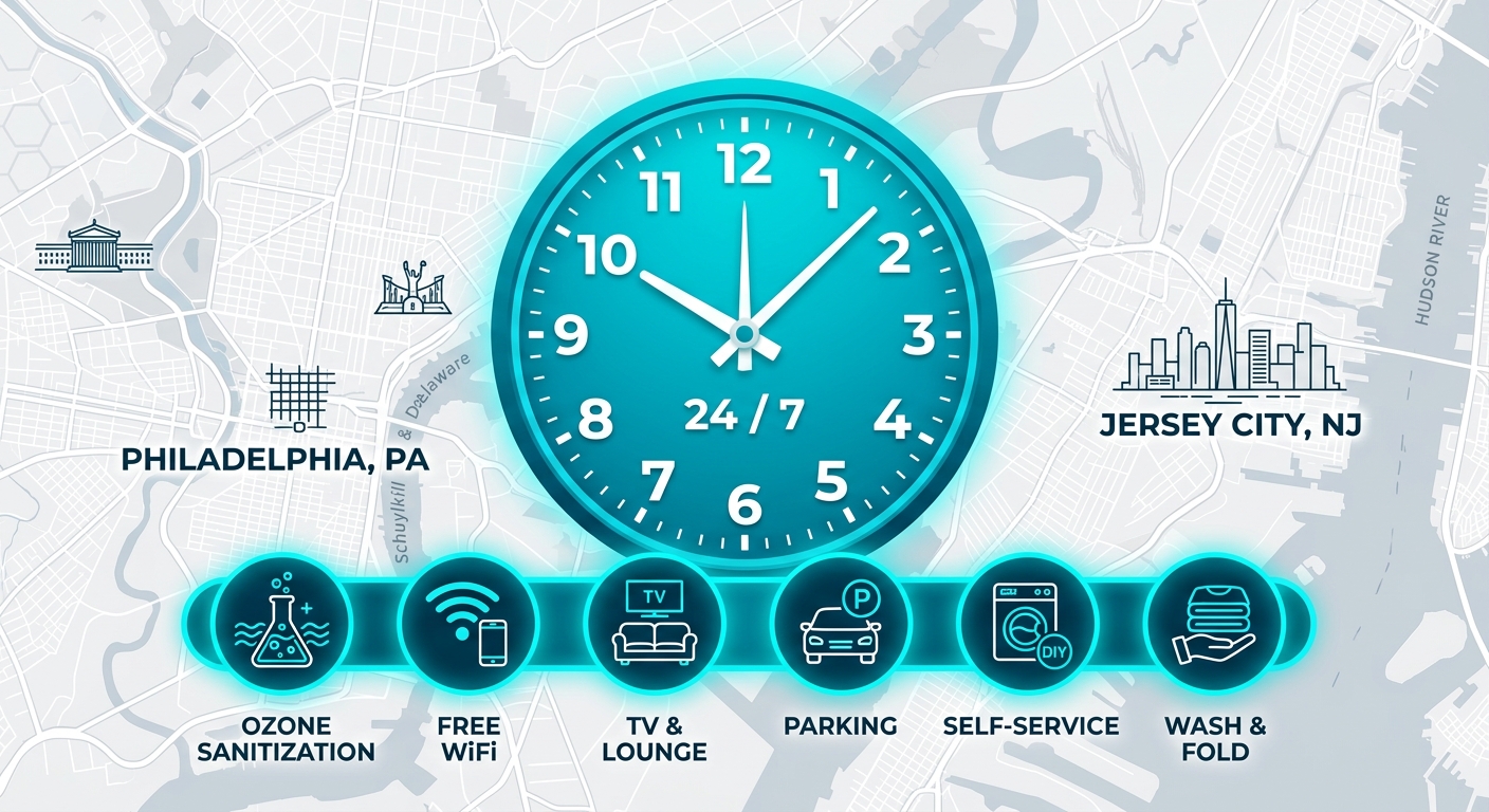 Infographic showing 24-hour laundromat services in Philadelphia and Jersey City with central clock, ozone sanitization, modern amenities, and self-service and wash and fold options on a map background.