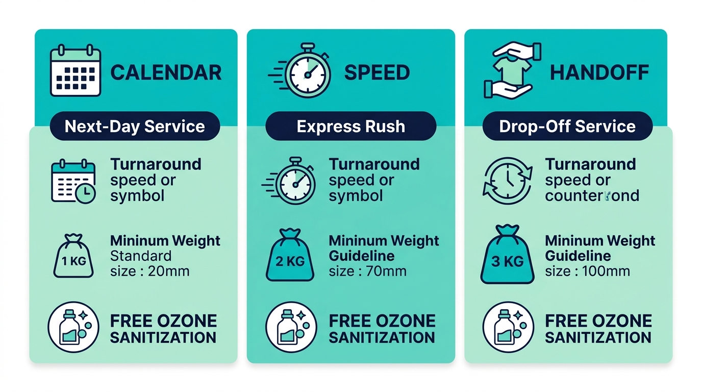 Comparison infographic showing three wash and fold service tiers: Next-Day Service, Express Rush, and Drop-Off Service, each with turnaround speed, minimum weight, and ozone sanitization details.