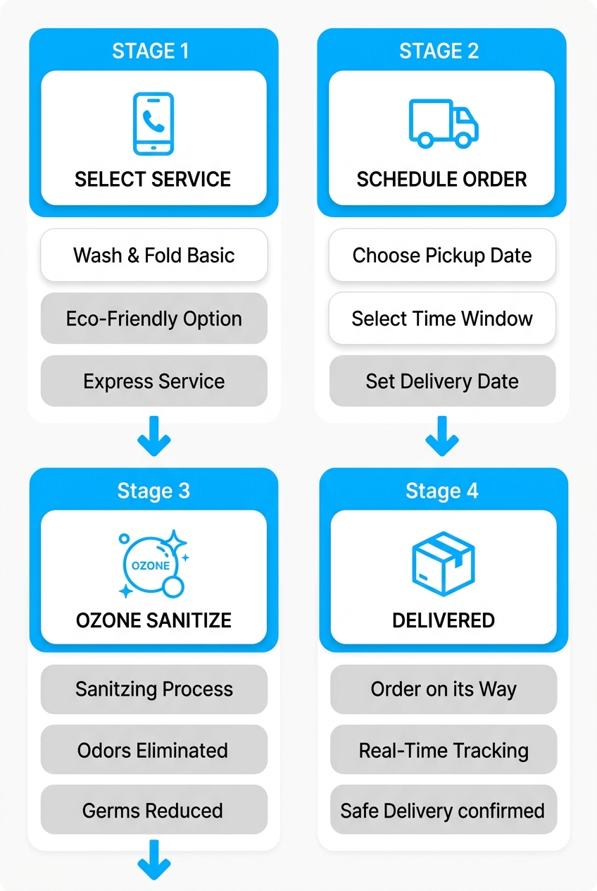 Four-step vertical process diagram showing how to schedule wash and fold pickup service with Laundry Time: select service, schedule online or in person, professional staff handles and ozone sanitizes, clean laundry delivered.